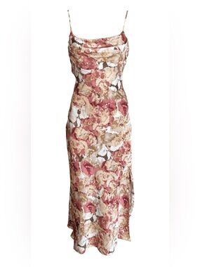 Strapless Floral Cowl Midi Dress in Rose and Beige
